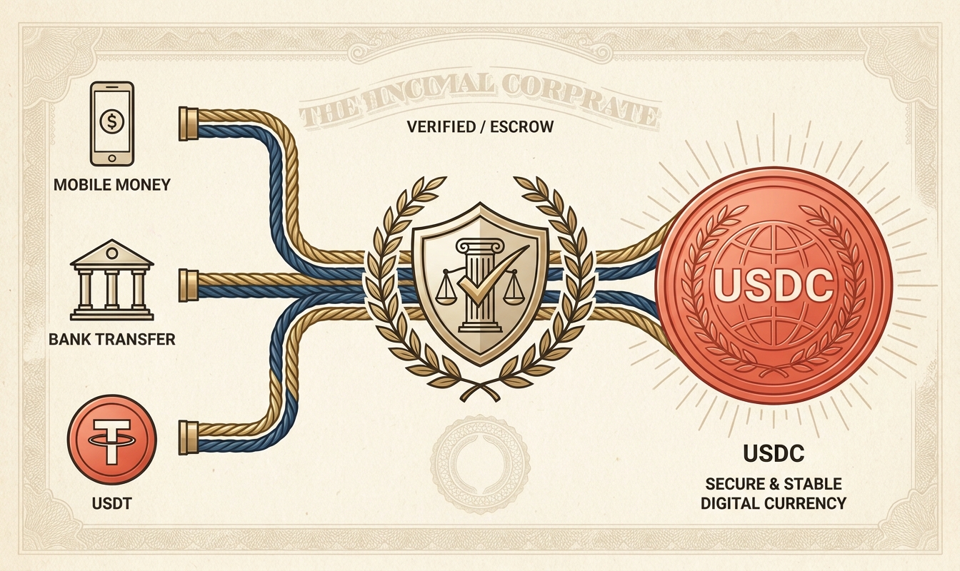 Mobile money, bank transfer and USDT flow through verified escrow into regulated USDC