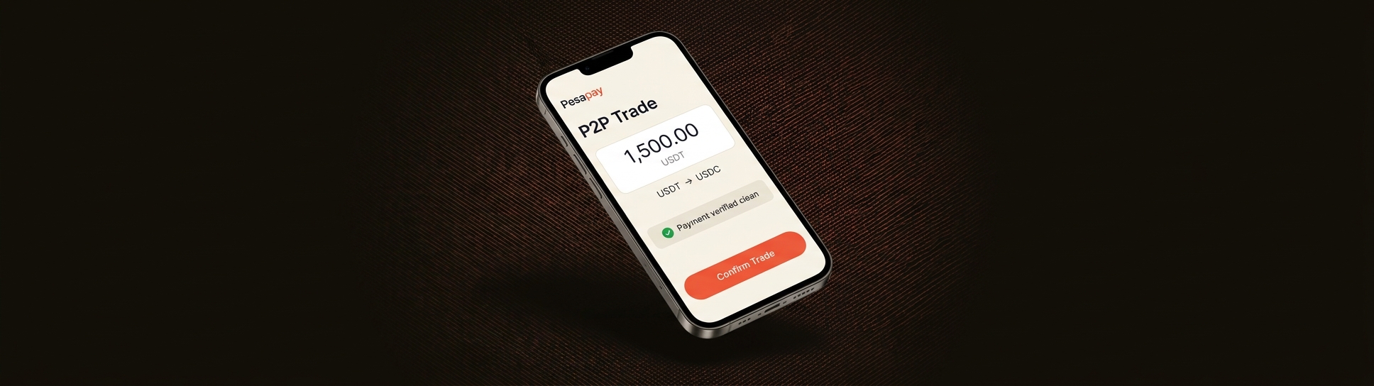 Pesapay app — P2P trade screen settling USDT to USDC with payment verified clean